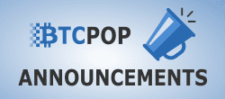 Btcpop logo, Announcements text, trumpet icon for btcpop announcements logo